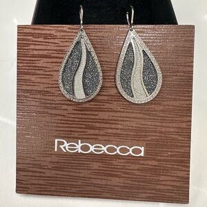 REBECCA Fashion Jewelry Silver Teardrop Dangle Earrings with Black Sparkle Inlay